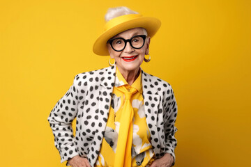 Generative AI illustration of portrait of beautiful middle age woman in glasses, hat and modern clothes