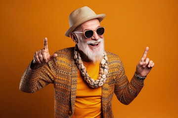 Generative AI illustration of portrait of happy man pensioner wearing colorful casual clothes