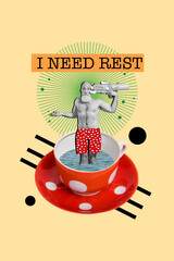 Vertical photo collage of retired man inside absurd swimming pool cup tea shooting water pistol...