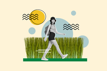 Full size photo collage of young lady trekking explore nature walk green grass field backpack sunny...