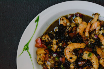 Black Shrimp Ceviche, Mexican Seafood Dish Made With Chili Ashes