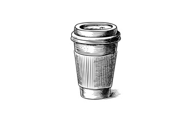 Takeaway Paper coffee cup with cover. Hand drawn sketch style. Vintage color vector engraving illustration for label, web, flayer