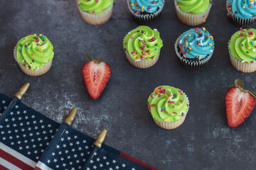 Independence Day 4th of July. Congratulations background. American Constitution Day.Cupcakes decorated with symbols of America