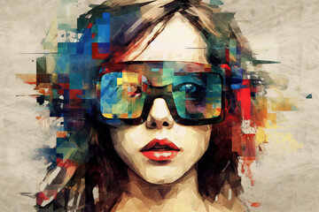 Generative AI illustration of serious abstract woman in glasses against beige background representing concept of virtual reality