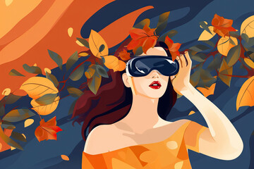 Generative AI illustration of calm woman in virtual reality goggles experiencing cyberspace against colorful background with leaves