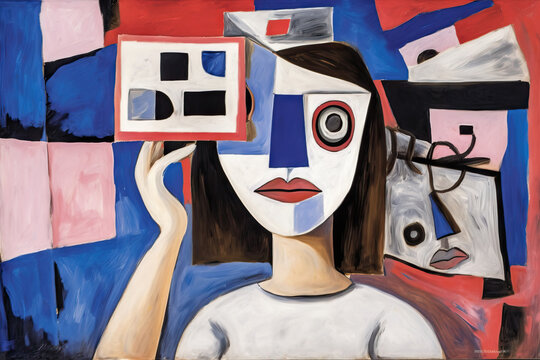 Generative AI illustration of abstract art painting with woman in mask and colorful geometric shapes representing concept of virtual reality