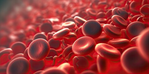 Flowing red blood cells, erythrocyte, health care concept. 3d rendering red blood cells in vein. Generative AI. - obrazy, fototapety, plakaty