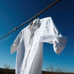 washday. white shirt on a clothesline, on clothespins against the sky.Generative AI