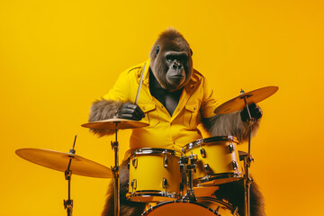 Fototapeta na wymiar A gorilla musician playing the drums in a band. Generative ai