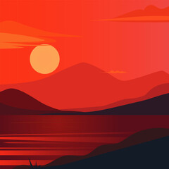 Bright colored stylish red sunset. Vector illustration