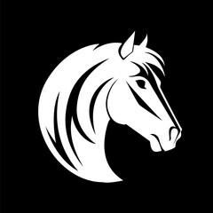A stylized black and white horse head logo template on a black background. This design is perfect for any brand, business, or organization that is looking for a unique and eye-catching logo