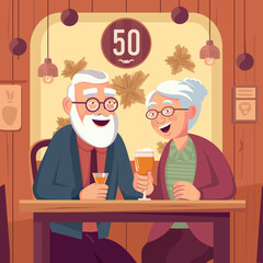 An elderly couple sitting in a cafe. Cheerful grandmother and grandfather cartoon characters. Elderly couple celebrating their wedding anniversary. Flat vector illustration.