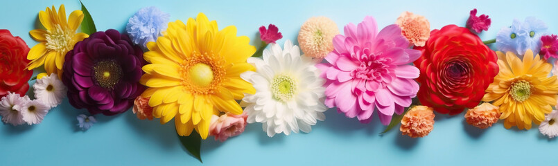 Spring banner for 8 march, mother's day, colorful vibrant bouquet of various flowers. Generative AI