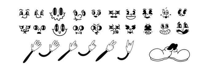 Vintage 50s cartoon and comic different facial expressions. feet in shoes and walking leg and poses set. Vintage cartoon hands in gloves and feet in shoes. Cute animation character body parts