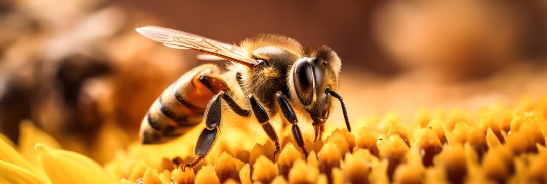 A bee collects nectar from a yellow flower. Super macro photo. Summer love insects feed on nectar. pictures all the fine details of the insect. flying creatures .Generative AI