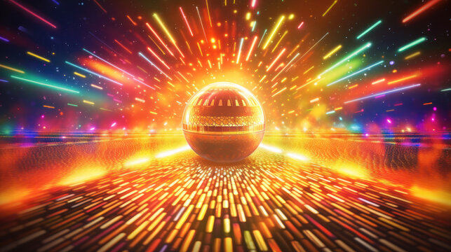 Glowing disco ball on abstract colorful seventies, background. Ai generative.