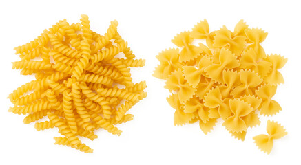 two different types of Italian pasta isolated over a transparent background, heaps of "girandole" (spirals or pinwheels) and "farfalle" (butterflies), cut-out food or cooking design elements, top view