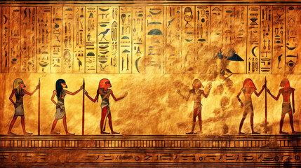 Egyptian hieroglyphs on the wall of an ancient temple. Ai generative.
