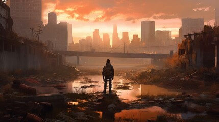 Fototapeta premium Game art piece that captures a significant moment in the middle of a hero's journey through a post - apocalyptic world. The protagonist, a resilient survivor, stands at the threshold of a crumbling ci