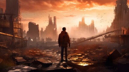 Fototapeta premium Game art piece that captures a significant moment in the middle of a hero's journey through a post - apocalyptic world. The protagonist, a resilient survivor, stands at the threshold of a crumbling ci