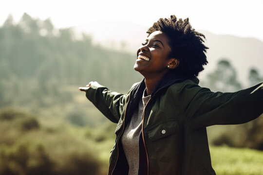 Happy black woman breathing fresh air outdoors Generative AI