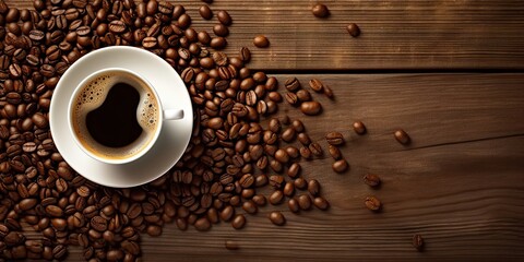 Naklejka premium Top View Temptation. Coffee Cup on a Wooden Table with Coffee Beans
