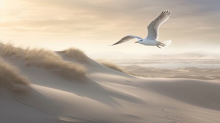 Illustration, eine wei&szlig;e M&ouml;we fliegt durch die Strandd&uuml;nen einer K&uuml;stenlandschaft, Generative AI