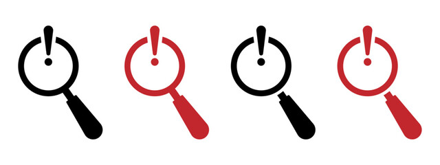 Risk analysis vector icons set. Exclamation magnifier vector illustrations set