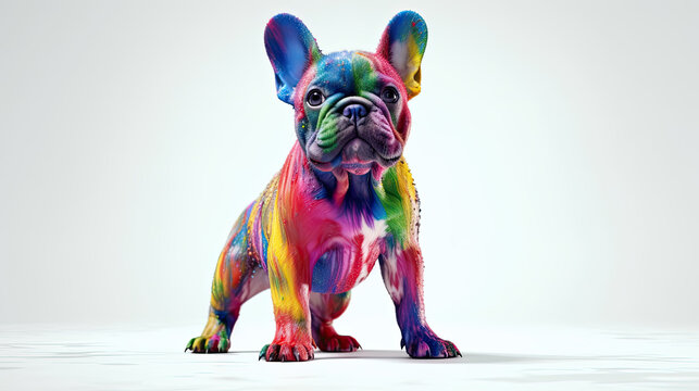 Bulldog Francés Manchado de Pintura y Feliz en Fondo Blanco. IA Generativa