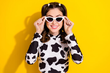 Portrait of positive cowgirl lady wear sunglass spotted outfit tourist have vacation isolated vivid...
