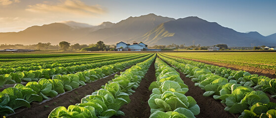 Field of organic lettuce growing in a sustainable farm with beautiful mountains in morning, Generative AI - obrazy, fototapety, plakaty