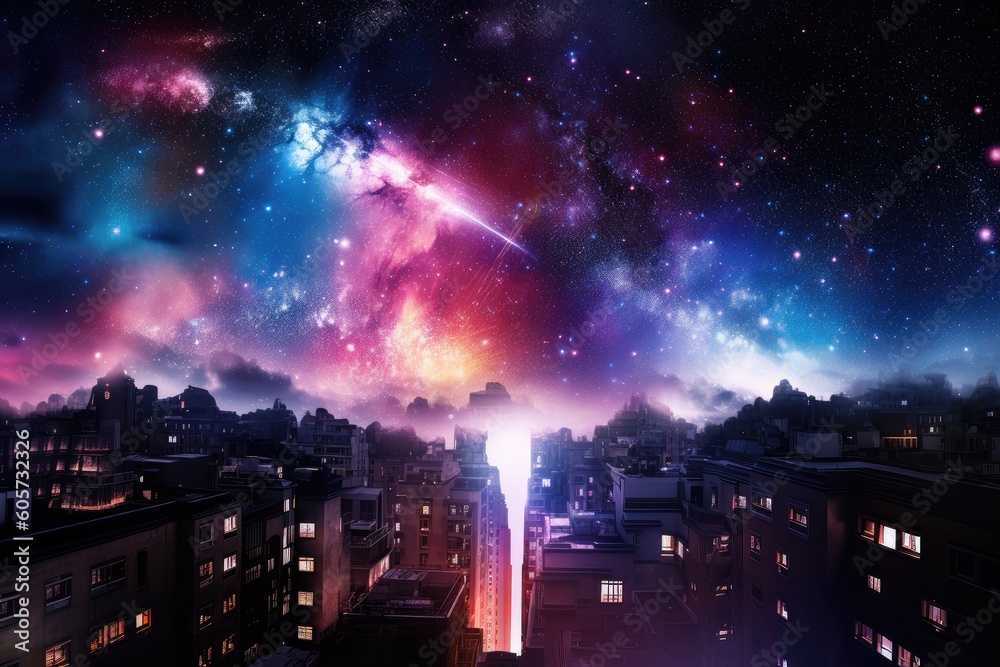 Canvas Prints galactic cityscape with view of colorful nebula in the background, created with generative ai