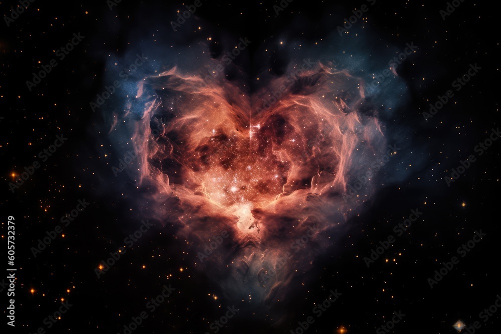 Poster heart-shaped nebula with star cluster in the background, created with generative ai
