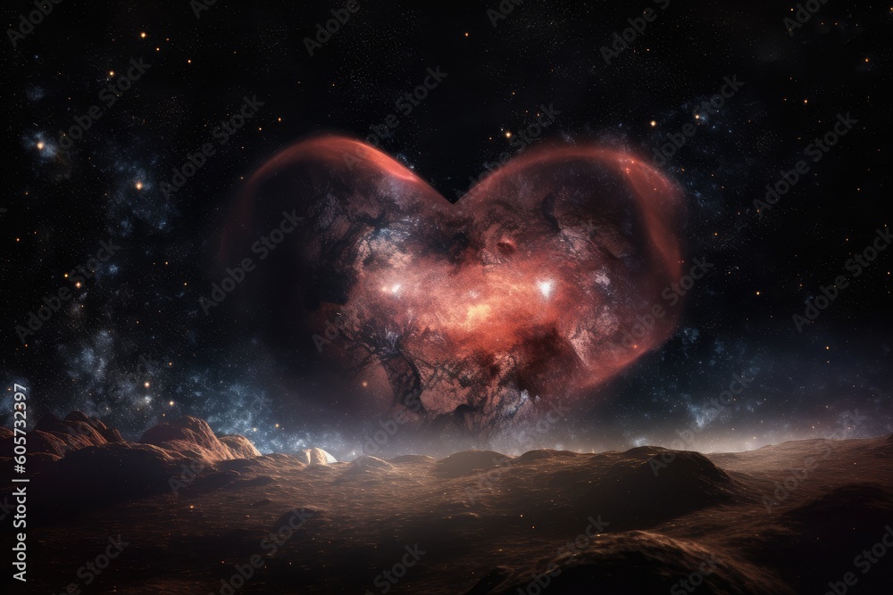 Sticker heart-shaped nebula with stars and planets in the foreground, created with generative ai