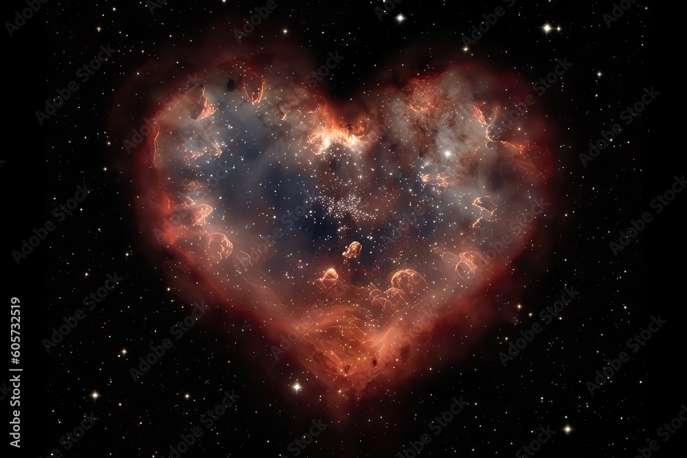 Poster heart-shaped nebula surrounded by a field of stars, created with generative ai