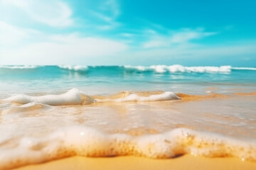 Fototapeta na wymiar Abstract blur defocused background. Tropical summer beach with golden sand, turquoise ocean and blue sky with white clouds on bright sunny day generative AI technology