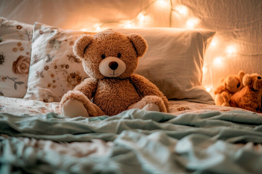 Naklejka teddy bear on a childs bed, Generative AI