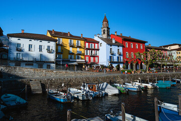 Lake Maggiore and the city of Ascona during a spring evening in Canton Ticino, Switzerland - May...