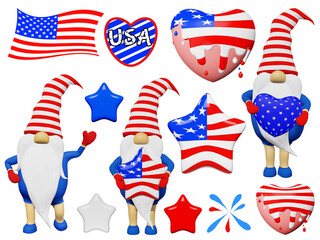 United States Independence Day gnomes stars hearts stickers sheet for printing transparent bacground 4th of July national USA flag design Labor Memorial day. Scandinavian character patriotic symbolics