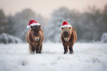 Three playful Shetland ponies in Santa hats enjoy a snowy field during Christmas. Generative AI