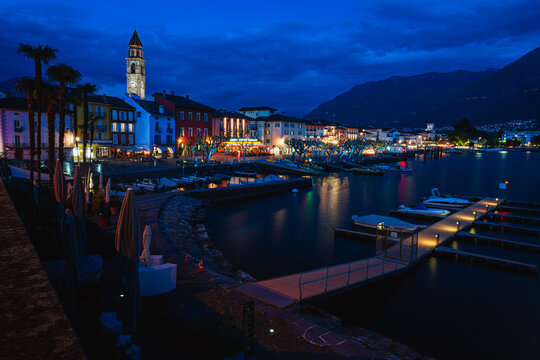 Lake Maggiore and the city of Ascona during a spring evening in Canton Ticino, Switzerland - May 2023