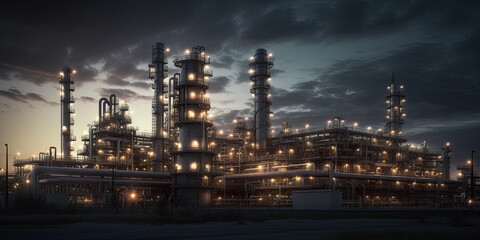 Fototapeta premium Oil and gas industry refinery at night, panoramic image. Generative Ai