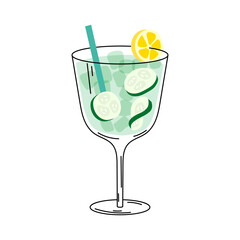 Glass of cucumber gin fizz. Summer cocktail isolated on white background. Alcoholic drink with ice cubes, lemon and cucumber. Cocktail for menu, bar. Vector illustration