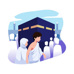 A cartoon of a muslim couple walking in front of the kaaba.
