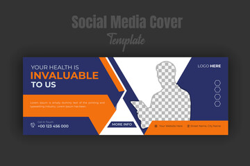 Geometric medical and healthcare service promotion or web banner or social media post template design on timeline cover with blue and orange shapes and photo place holder space