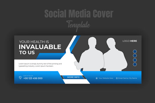 Healthcare and medical service promotion on social media post, multipurpose use web banner ad, offer, and discount banner vector template design and cover photo with blue gradient color shapes