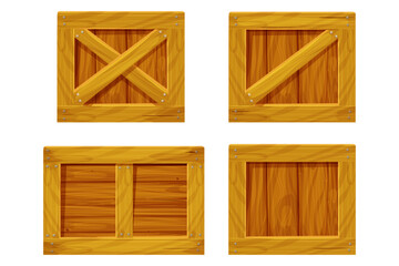 Set Wooden box, delivery container in cartoon style, game asset isolated on white background. Wood packing, open textured.