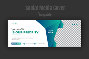 Medical care and treatment social media or timeline cover or web banner design template for service promotion with geometric light green gradient color shape