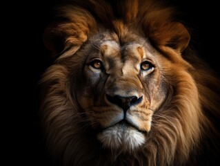 Portrait of a close up lion king isolated on black.