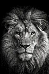 Naklejka premium Portrait of a close up lion king isolated on black. Black and white.